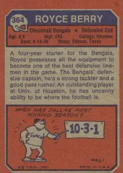 1973 Topps #364 - Royce Berry - Cincinnati Bengals - Back 1973 Topps #364 - Royce Berry - Cincinnati Bengals - Back