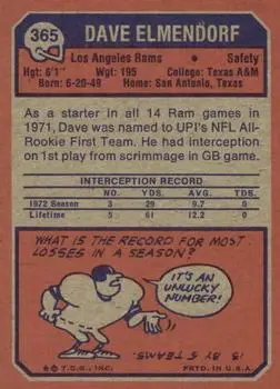 1973 Topps #365 - Dave Elmendorf - Los Angeles Rams - Back 1973 Topps #365 - Dave Elmendorf - Los Angeles Rams - Back