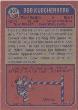 1973 Topps #367 - Bob Kuechenberg - Miami Dolphins