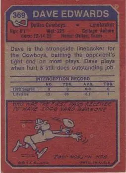 1973 Topps #369 - Dave Edwards - Dallas Cowboys - Back 1973 Topps #369 - Dave Edwards - Dallas Cowboys - Back