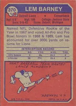 1973 Topps #370 - Lem Barney - Detroit Lions - Back