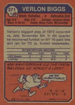 1973 Topps #371 - Verlon Biggs - Washington Redskins - Back