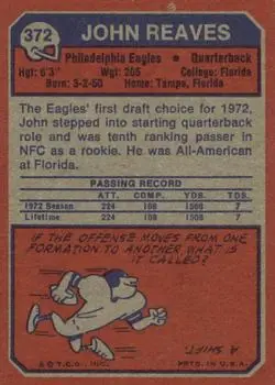 1973 Topps #372 - John Reaves - Philadelphia Eagles