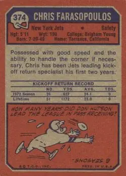 1973 Topps #374 - Chris Farasopoulos - New York Jets - Back