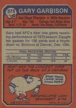 1973 Topps #375 - Gary Garrison - San Diego Chargers - Back