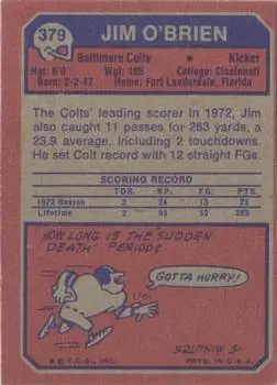 1973 Topps #379 - Jim O'Brien - Baltimore Colts 1973 Topps #379 - Jim O'Brien - Baltimore Colts