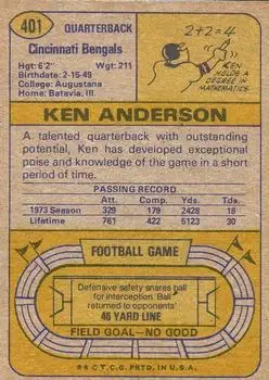 1974 Topps #401 - Ken Anderson - Cincinnati Bengals - Back
