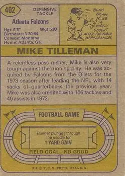1974 Topps #402 - Mike Tilleman - Atlanta Falcons - Back