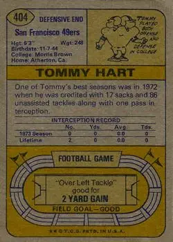 1974 Topps #404 - Tommy Hart - San Francisco 49ers - Back 1974 Topps #404 - Tommy Hart - San Francisco 49ers - Back