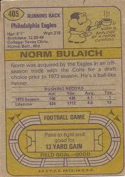 1974 Topps #405 - Norm Bulaich - Philadelphia Eagles - Back 1974 Topps #405 - Norm Bulaich - Philadelphia Eagles - Back