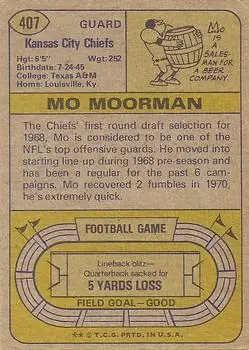 1974 Topps #407 - Mo Moorman - Kansas City Chiefs - Back