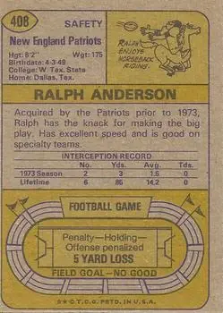 1974 Topps #408 - Ralph Anderson - New England Patriots - Back