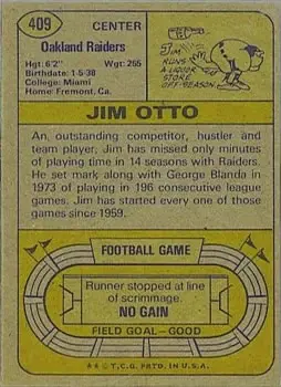 1974 Topps #409 - Jim Otto - Oakland Raiders - Back