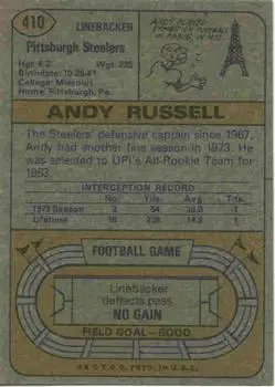 1974 Topps #410 - Andy Russell - Pittsburgh Steelers - Back