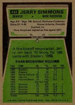 1975 Topps #432 - Jerry Simmons - Denver Broncos - Back