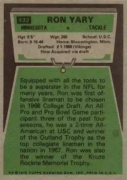 1975 Topps #433 - Ron Yary - Minnesota Vikings - Back