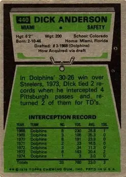 1975 Topps #440 - Dick Anderson - Miami Dolphins - Back