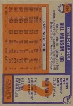 1976 Topps #404 - Bill Munson - Detroit Lions - Back