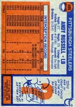 1976 Topps #405 - Andy Russell - Pittsburgh Steelers - Back
