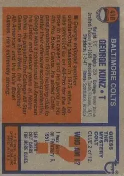 1976 Topps #410 - George Kunz - Baltimore Colts - Back