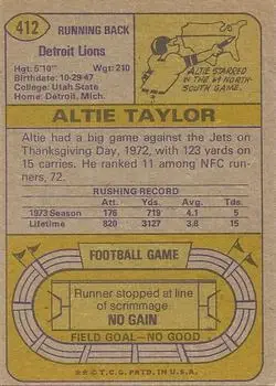 1974 Topps #412 - Altie Taylor - Detroit Lions - Back