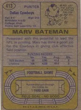 1974 Topps #413 - Marv Bateman - Dallas Cowboys - Back