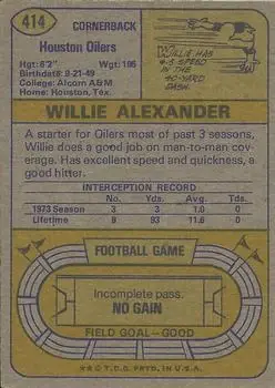 1974 Topps #414 - Willie Alexander - Houston Oilers - Back 1974 Topps #414 - Willie Alexander - Houston Oilers - Back