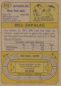1974 Topps #415 - Bill Zapalac - New York Jets - Back 1974 Topps #415 - Bill Zapalac - New York Jets - Back