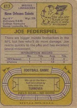 1974 Topps #417 - Joe Federspiel - New Orleans Saints - Back