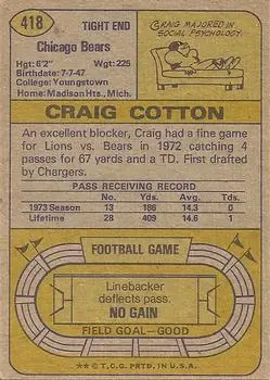1974 Topps #418 - Craig Cotton - Chicago Bears - Back