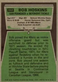 1975 Topps #442 - Bob Hoskins - San Francisco 49ers - Back