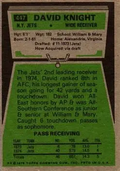 1975 Topps #447 - David Knight - New York Jets - Back