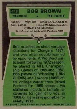 1975 Topps #448 - Bob Brown - San Diego Chargers - Back 1975 Topps #448 - Bob Brown - San Diego Chargers - Back