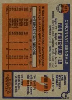 1976 Topps #411 - Ron Pritchard - Cincinnati Bengals - Back