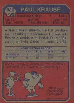 1973 Topps #380 - Paul Krause - Minnesota Vikings - Back