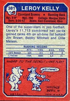 1973 Topps #381 - Leroy Kelly - Cleveland Browns - Back 1973 Topps #381 - Leroy Kelly - Cleveland Browns - Back