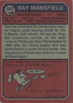 1973 Topps #382 - Ray Mansfield - Pittsburgh Steelers - Back