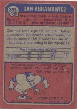 1973 Topps #383 - Dan Abramowicz - New Orleans Saints - Back