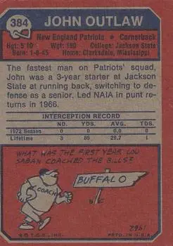 1973 Topps #384 - John Outlaw - New England Patriots - Back 1973 Topps #384 - John Outlaw - New England Patriots - Back
