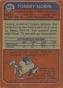 1973 Topps #385 - Tommy Nobis - Atlanta Falcons - Back 1973 Topps #385 - Tommy Nobis - Atlanta Falcons - Back