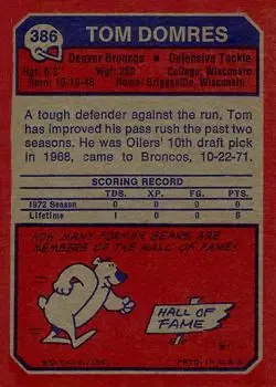 1973 Topps #386 - Tom Domres - Denver Broncos - Back 1973 Topps #386 - Tom Domres - Denver Broncos - Back