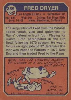 1973 Topps #389 - Fred Dryer - Los Angeles Rams - Back