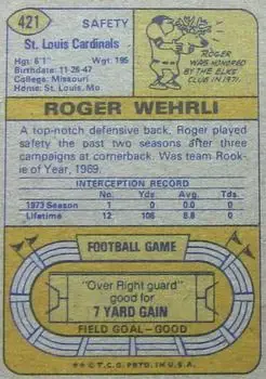 1974 Topps #421 - Roger Wehrli - St. Louis Cardinals - Back