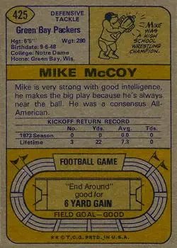 1974 Topps #425 - Mike McCoy - Green Bay Packers - Back