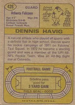 1974 Topps #426 - Dennis Havig - Atlanta Falcons - Back