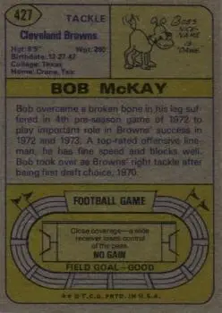 1974 Topps #427 - Bob McKay - Cleveland Browns - Back
