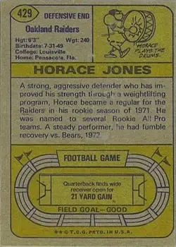 1974 Topps #429 - Horace Jones - Oakland Raiders - Back