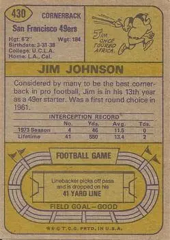 1974 Topps #430 - Jim Johnson - San Francisco 49ers - Back