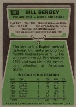 1975 Topps #451 - Bill Bergey - Philadelphia Eagles - Back