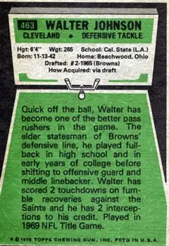 1975 Topps #463 - Walter Johnson - Cleveland Browns - Back 1975 Topps #463 - Walter Johnson - Cleveland Browns - Back